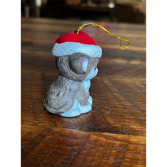 Vintage Jasco Porcelain Kitty Ornament With Santa Hat & Pom Pom Red White Brown - Picture 6 of 10